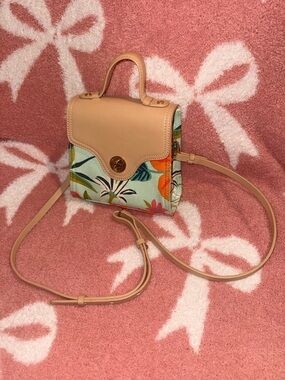 Spartina Neutral Tan Leather-Trim Floral Crossbody Bag